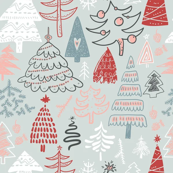 Legrační Doodle Vánoční Borovice Stromy Bezešvé Vzor — Stockový vektor