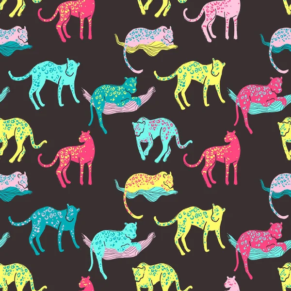 Modèle Sans Couture Coloré Avec Des Jaguars Aller Rester Dormir — Image vectorielle