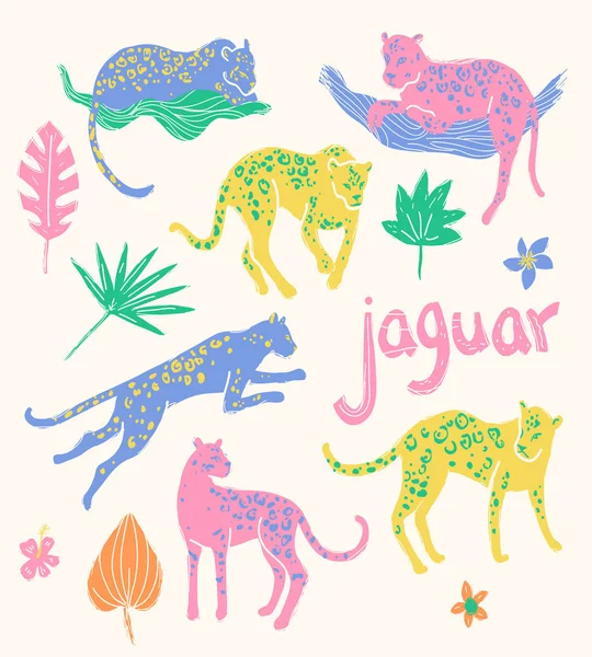 Jaguarlar Topluluğu Olacak Kalan Uyku Atlama Tropic Yabani Hayvanlar Bitkiler — Stok Vektör