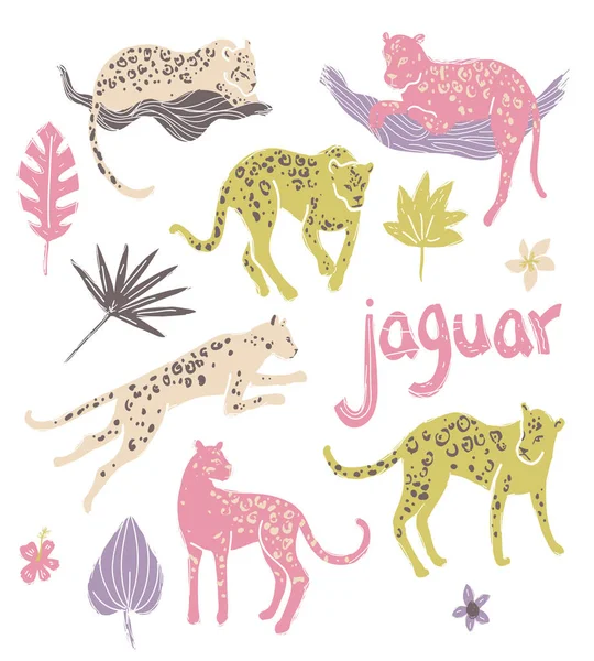 ジャガーのコレクションです つもり ジャンプします 熱帯の野生動物や植物民俗素朴なスタイルで — ストックベクタ