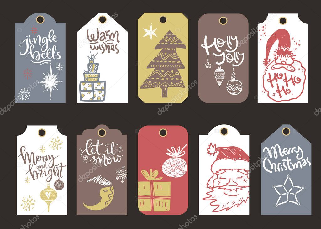 Collection of Christmas and New Year cute ready-to-use gift tags. Retro design. Letterings, Santa, gift boxes, trees, stars.