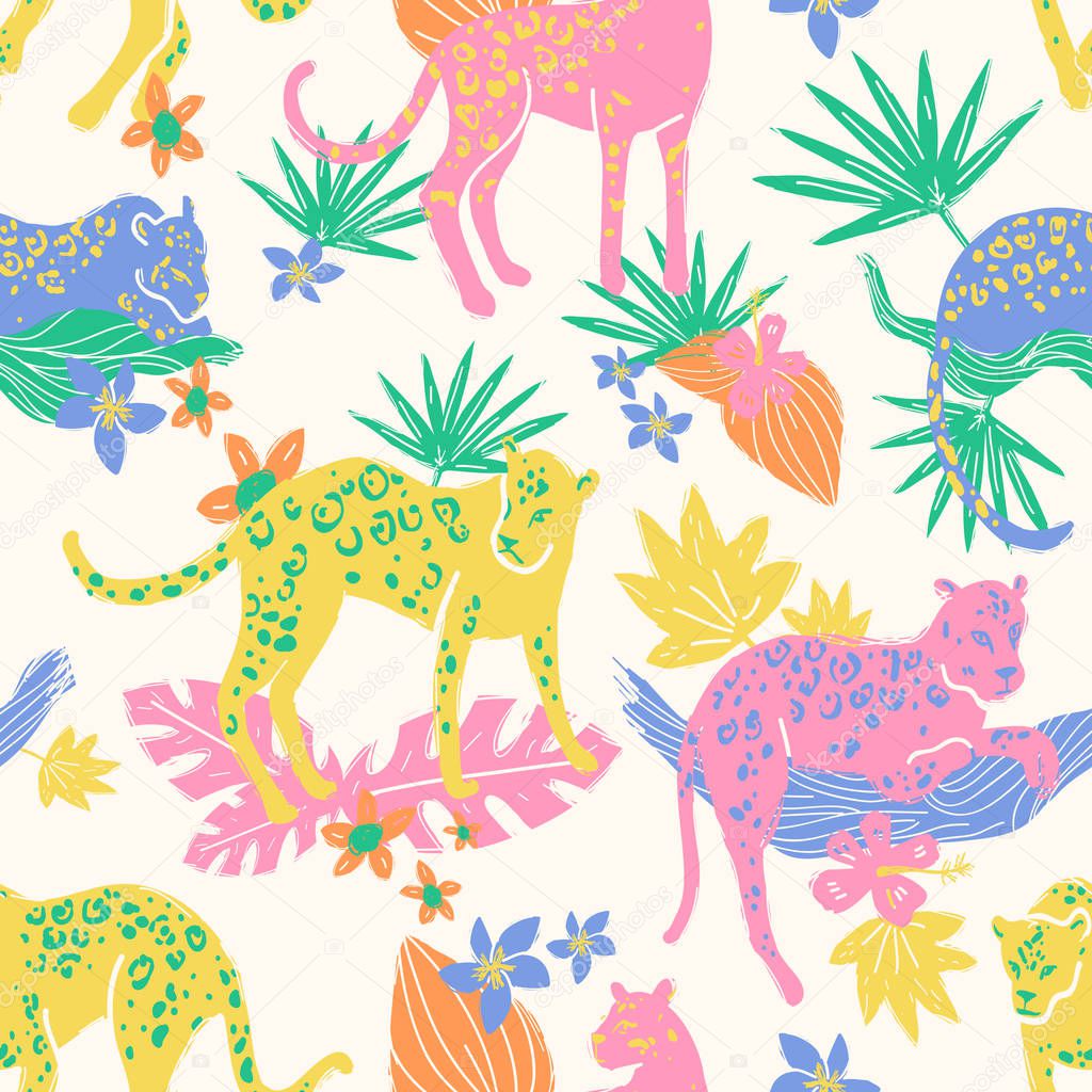 Seamless pattern with jaguars and jungle plants, leaves and flowers. Staying, sleeping. Tropic wild animals and plants in folk naive style. Bright colors