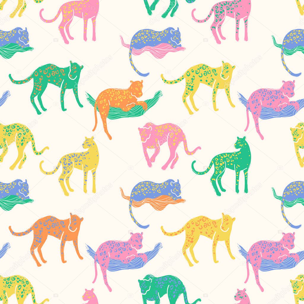 Colourful seamless pattern with jaguars - Going, staying, sleeping wild animals in folk naive style. Bright colors.