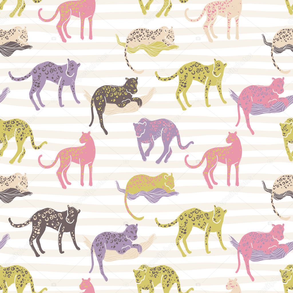 Striped seamless pattern with jaguars - Going, staying, sleeping animals.