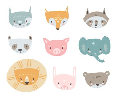 Koleksiyon küçük hayvan ile karşı karşıyadır. Emoji. Kedi, tilki, rakun, panda, domuz, fil, aslan, tavşan ve ayı çizgi film İskandinav tarzı.