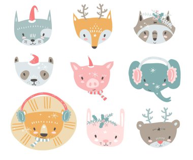 Küçük hayvan koleksiyonuyla kış kostümleri yüzler. Emoji. Kedi, tilki, rakun, panda, domuz, fil, aslan, tavşan ve ayı çizgi film İskandinav tarzı.