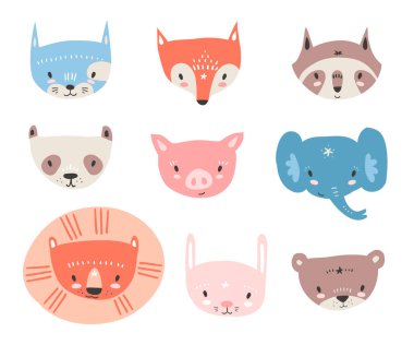 Koleksiyon küçük hayvan ile karşı karşıyadır. Emoji. Kedi, tilki, rakun, panda, domuz, fil, aslan, tavşan ve ayı çizgi film İskandinav tarzı.