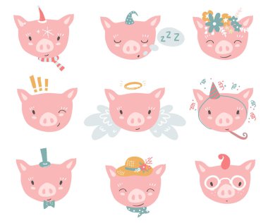 Piglet yüzleri ile Seamless modeli. Emoji. Uyku, angel, dört-göz ve diğer kostümler. Karikatür tarzı