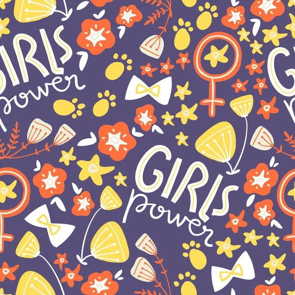 Vector Seamless Pattern Girls Power Lettering Flowers — Stock Vector