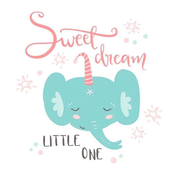 Elefante Adormecido Bonito Com Doce Sonho Pouco Lettering Vetor Desenhado —  Vetores de Stock