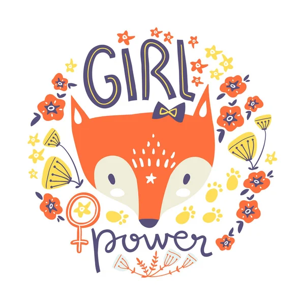 Cute Fox Girl Power Lettering Hand Drawn Vector Illustration — Stock Vector