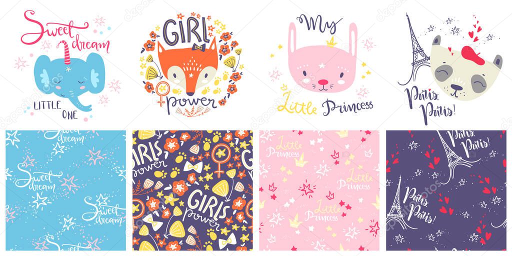Cute baby animals and seamless patterns, Hand drawn vector illustration.