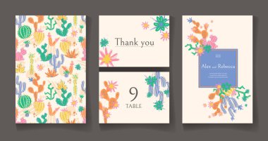 Hazır düğün kartı tasarım şablonu. Güzel çöl çiçek açan succulents. Vektör çizim.