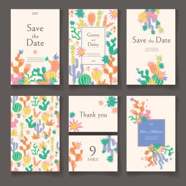 Hazır düğün kartı tasarım şablonu. Güzel çöl çiçek açan succulents. Vektör çizim.