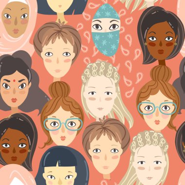 Feminizm. Kadın portreleri ile Seamless modeli. Farklı din ve Milliyet kız. Vektör çizim