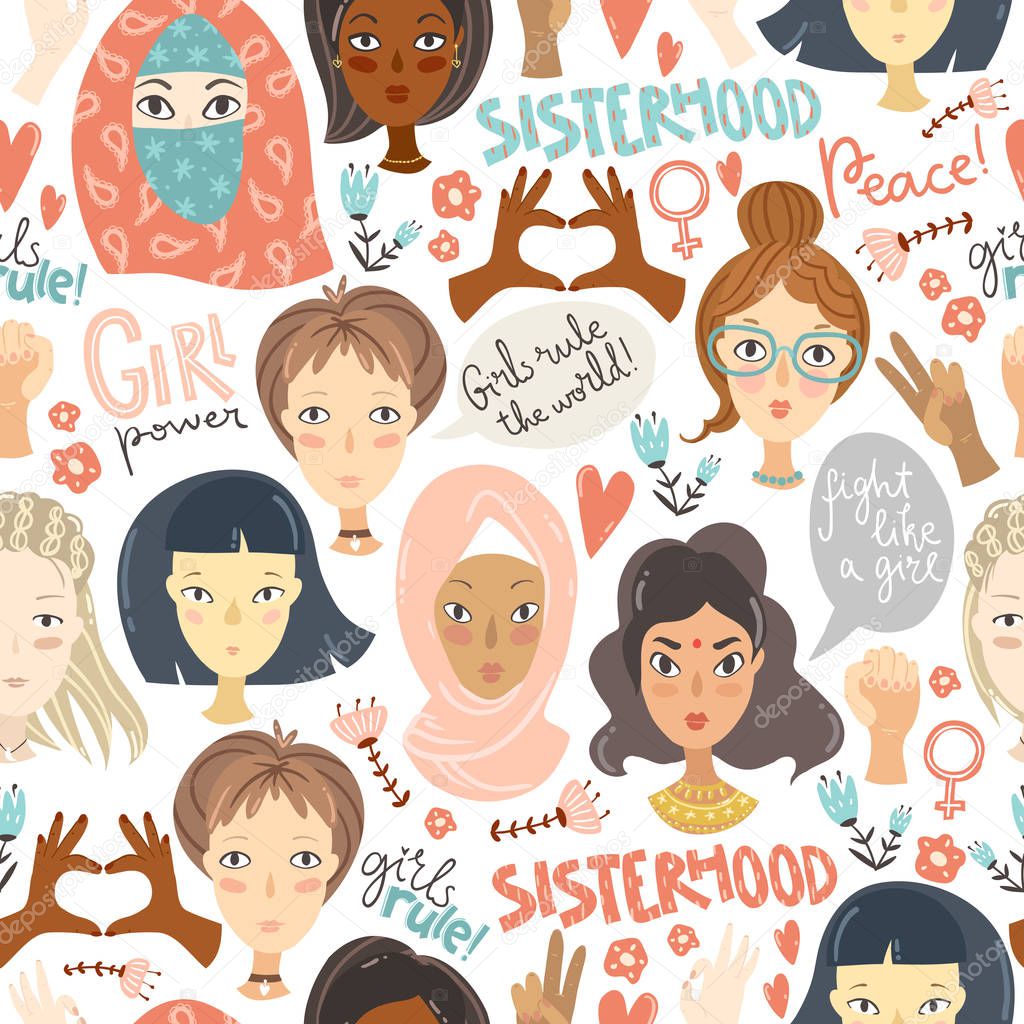 Feminism. Seamless pattern with women portraits and feminism signs and symbols, hands, lettering, speech bubbles, flowers. Vector illustration