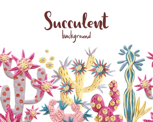 Plasticine succulent with flowers illustration. Seamless border, fashionable background. Unusual style, pastel colors. — Stock Image Plasticine Succulent Flowers Illustration Seamless Border Fashionable Background Unusual Style Stock Image