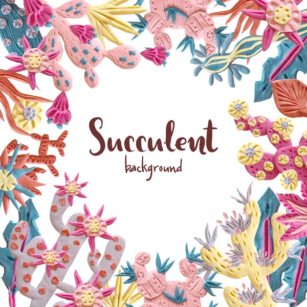 Plasticine succulent with flowers illustration. Round frame, fashionable background. Unusual style, pastel colors. — Stock Image Plasticine Succulent Flowers Illustration Frame Fashionable Background Unusual Style Pastel Royalty Free Stock Photos