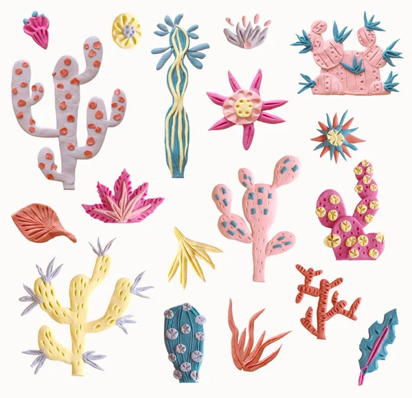 Plasticine succulent with flowers illustration. Isolated elements. Unusual style, pastel colors. — Stock Image Plasticine Succulent Flowers Illustration Isolated Elements Unusual Style Pastel Colors Royalty Free Stock Images