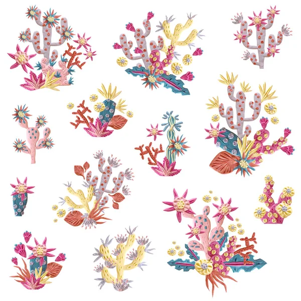 Plasticine succulent with flowers illustration. Bouquets and arrangements. Isolated elements. Unusual style, pastel colors. — Stock Image Plasticine Succulent Flowers Illustration Bouquets Arrangements Isolated Elements Unusual Style Stock Image