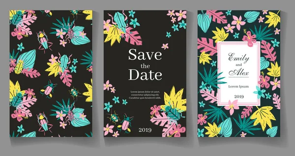 Готовий Шаблон Дизайну Весільних Листівок Красиві Тропічні Рослини Жуки Векторні — стоковий вектор