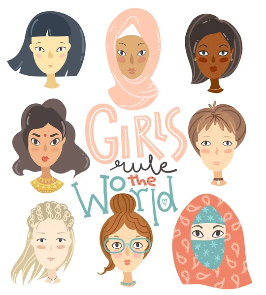 Sekumpulan Gadis Dengan Kebangsaan Dan Agama Yang Berbeda Potret Karakter - Stok Vektor