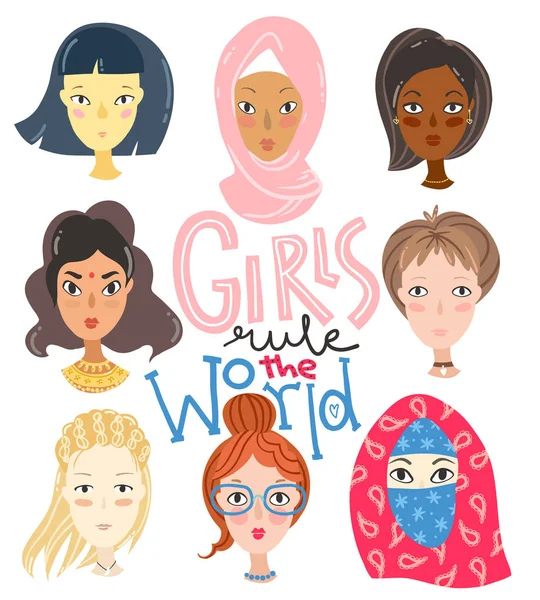 Sekumpulan Gadis Dengan Kebangsaan Dan Agama Yang Berbeda Potret Karakter - Stok Vektor