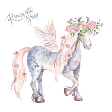 Sihirli Pegasus. Sulu boya resim, çiçekli güzel izole midilli. Romantik pastel renkler.