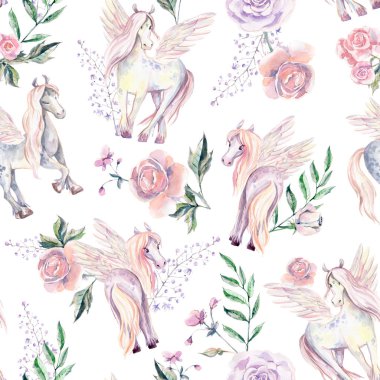 Dikişsiz desen sihirli Pegasuses. Sulu boya resim, çiçekli güzel izole midilli. Romantik pastel renkler.
