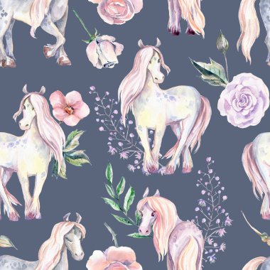 Sihirli midilli seamless modeli. Sulu boya resim, çiçekli güzel izole midilli. Romantik pastel renkler.