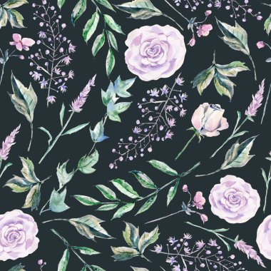 Sulu boya Dikişsiz desen luxery çiçekli. Yabani otlar. Elle çizilmiş illüstrasyon