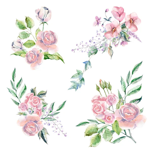 Set of Watercolor hand painted flowers, leaves and plants. Pastel bouqoet perfect for summer wedding invitation and party card making - Illustration