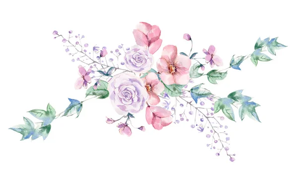 Set Aquarel Hand Geschilderd Bloemen Bladeren Planten Pastel Bouqoet Perfect — Stockfoto