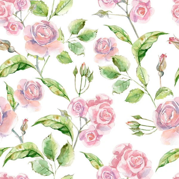 Padrão Sem Costura Aquarela Com Flores Luxo Rosas Ervas Ilustração — Fotografia de Stock