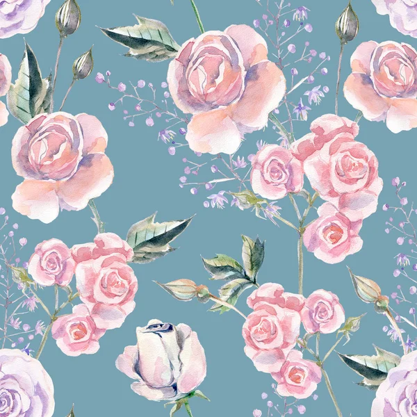 Patrón Sin Costuras Acuarela Con Flores Lujo Rosas Hierbas Ilustración —  Fotos de Stock