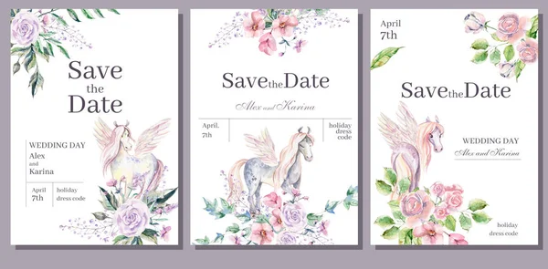 結婚式やロマンチックなデザインの水彩画の招待カード テンプレートです 花の組成とかわいいポニー ペガサス 手描きイラスト — ストック写真