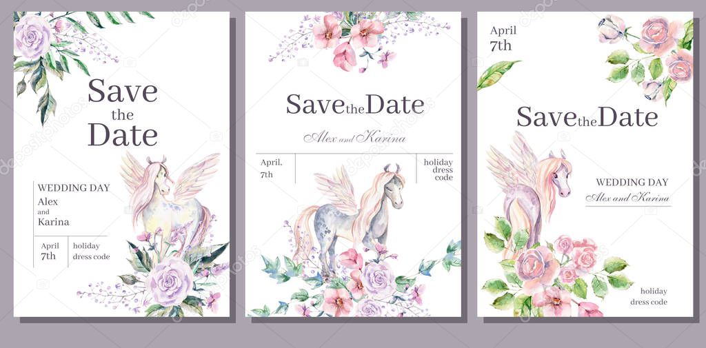 Watercolor invitation card template for wedding or romantic design. Floral composition and cute pony pegasus. Hand drawn illustration.