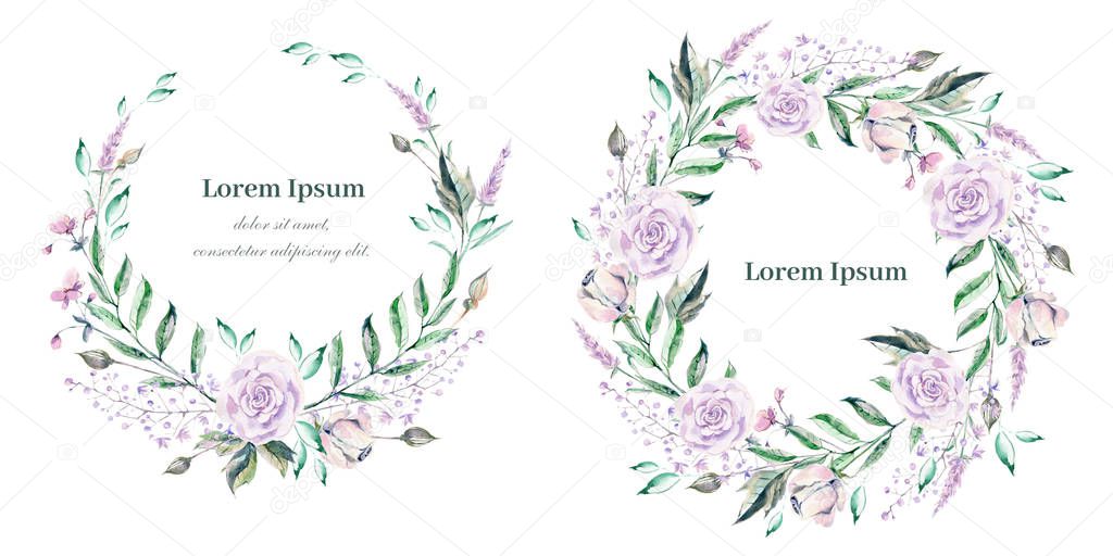 Watercolor wreath for wedding or romantic design. Floral composition, natural beauty. Hand drawn illustration.