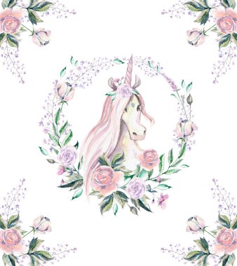 Sulu boya resim. Çıtır sihirli unicorn ile skeç. Gül ve yeşil yaprakları ve otlar. Poster, kart ya da kitap kapağı.