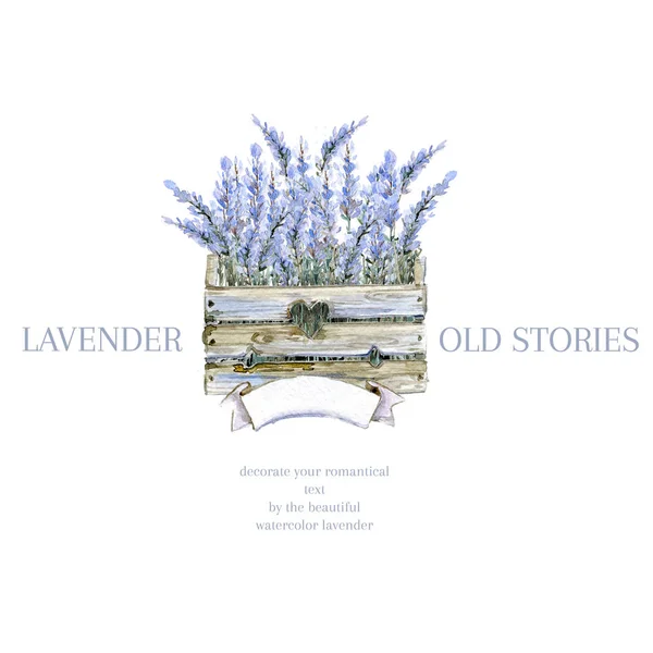 Aquarel Hand Getrokken Lavendel Logo Provence Houten Doos Met Lavendel — Stockfoto