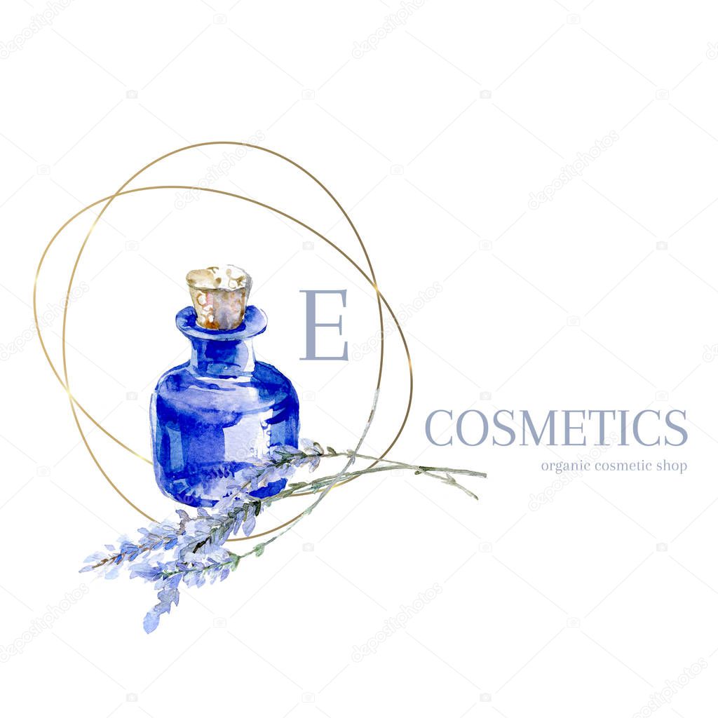 Watercolor hand drawn lavender logo. Provence blue vial with lavender. Natural retro product emblem. Lilac color.