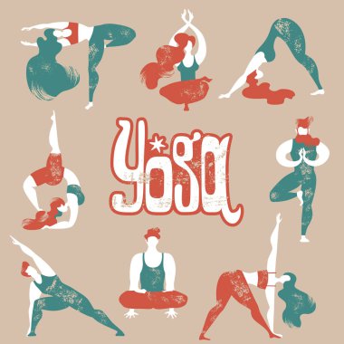 Yoga asanas düz vektör toplama. Erkekler ve kadınlar yoga meşgul. Sağlıklı yaşam tarzı.