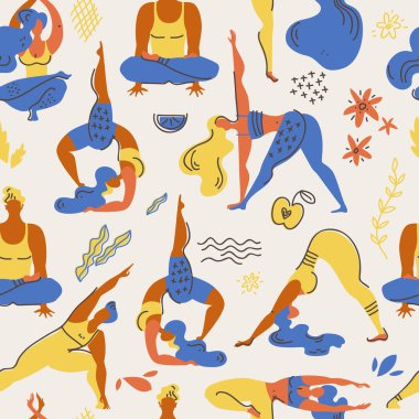 Memphis vektör seamless modeli ile yoga asanas düz. Erkekler ve kadınlar yoga meşgul. Sağlıklı bir yaşam tarzı. Trendy illüstrasyon