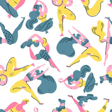 Memphis vektör seamless modeli ile yoga asanas düz. Erkekler ve kadınlar yoga meşgul. Sağlıklı bir yaşam tarzı. Trendy illüstrasyon