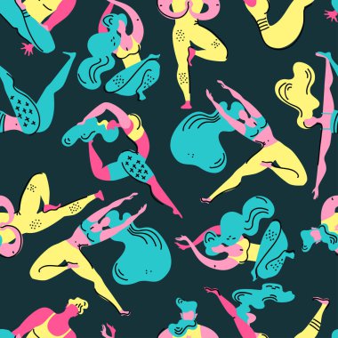 Memphis vektör seamless modeli ile yoga asanas düz. Erkekler ve kadınlar yoga meşgul. Sağlıklı bir yaşam tarzı. Trendy illüstrasyon
