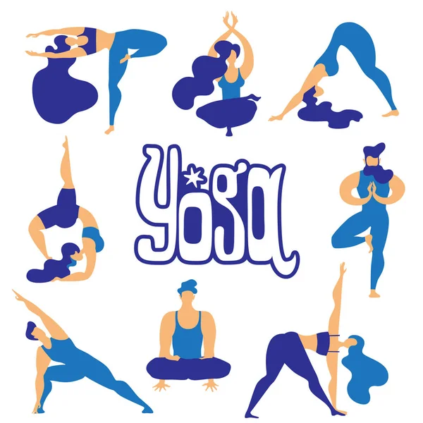 Collection Vectorielle Plate Asanas Yoga Hommes Femmes Engagent Dans Yoga — Image vectorielle