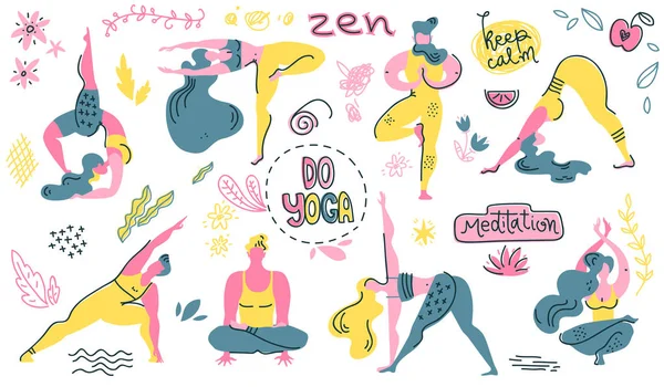 Colección Vectorial Plana Memphis Asanas Yoga Hombres Mujeres Practican Yoga — Archivo Imágenes Vectoriales