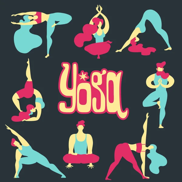 Yoga Asanas Düz Vektör Toplama Erkekler Kadınlar Yoga Meşgul Sağlıklı — Stok Vektör