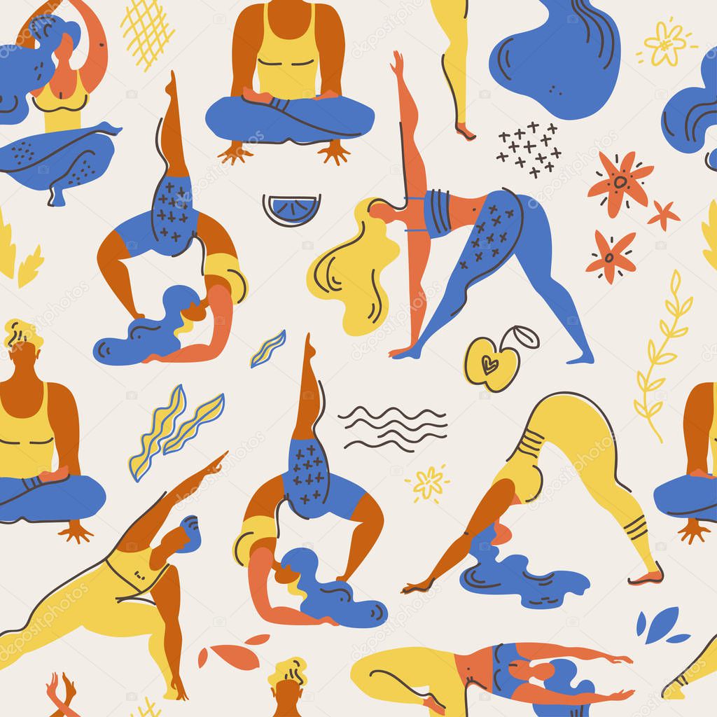 Flat memphis vector seamless pattern with yoga asanas. Men and women engage in yoga. Healthy lifestyle. Trendy illustration