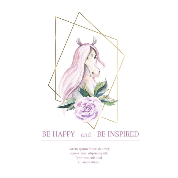 Magic pony logo. Watercolor logotype with cute little horse in crystal frame. Hand drawing illustration.